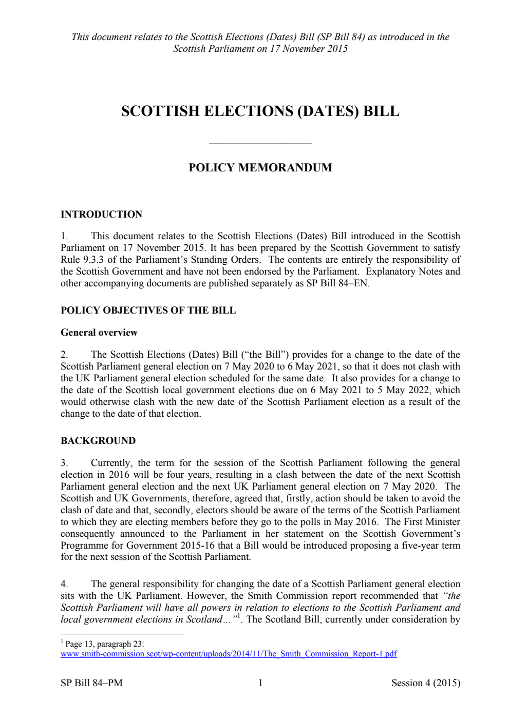 Scottish Elections (Dates) Bill Policy Memorandum