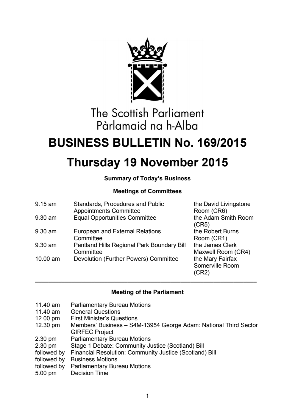 Business Bulletin No. 169/2015, Thursday 19 November 2015