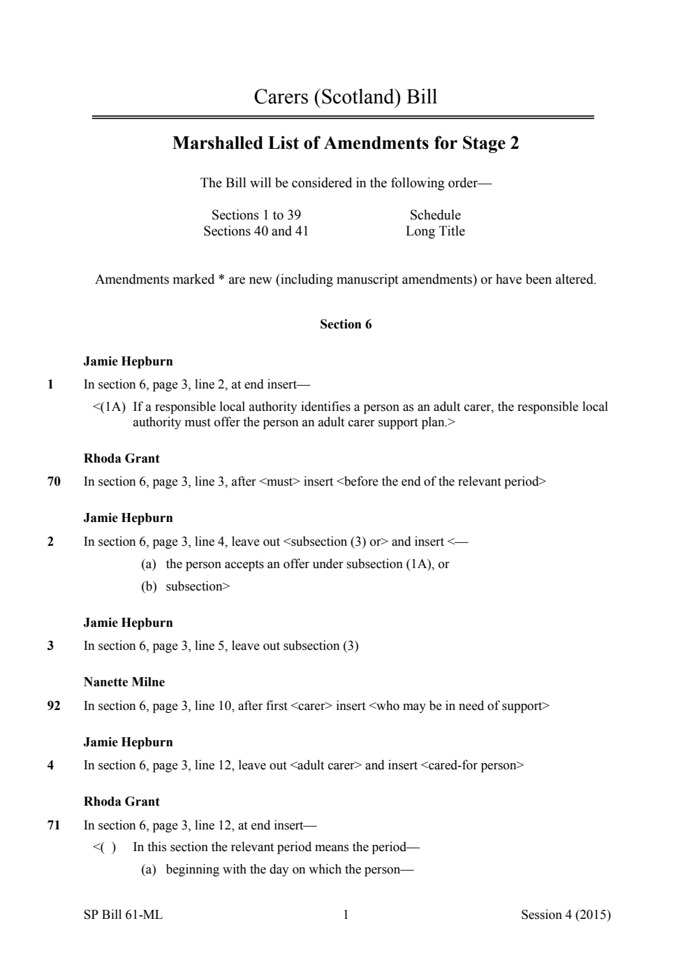 Carers (Scotland) Bill Marshalled List of Amendments for Stage 2