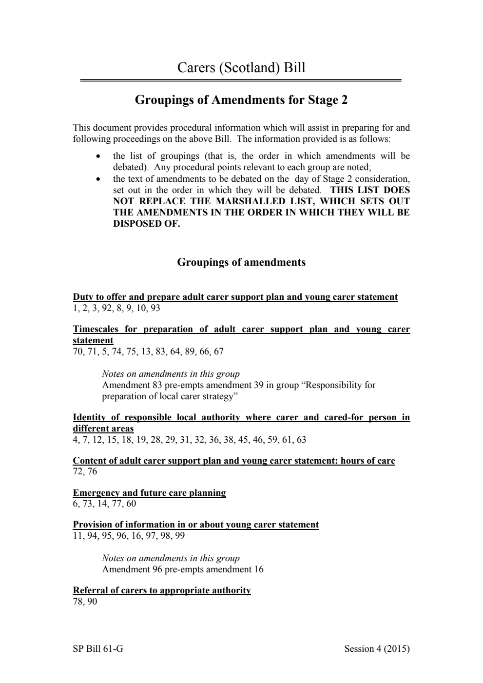 Carers (Scotland) Bill Groupings of Amendments for Stage 2