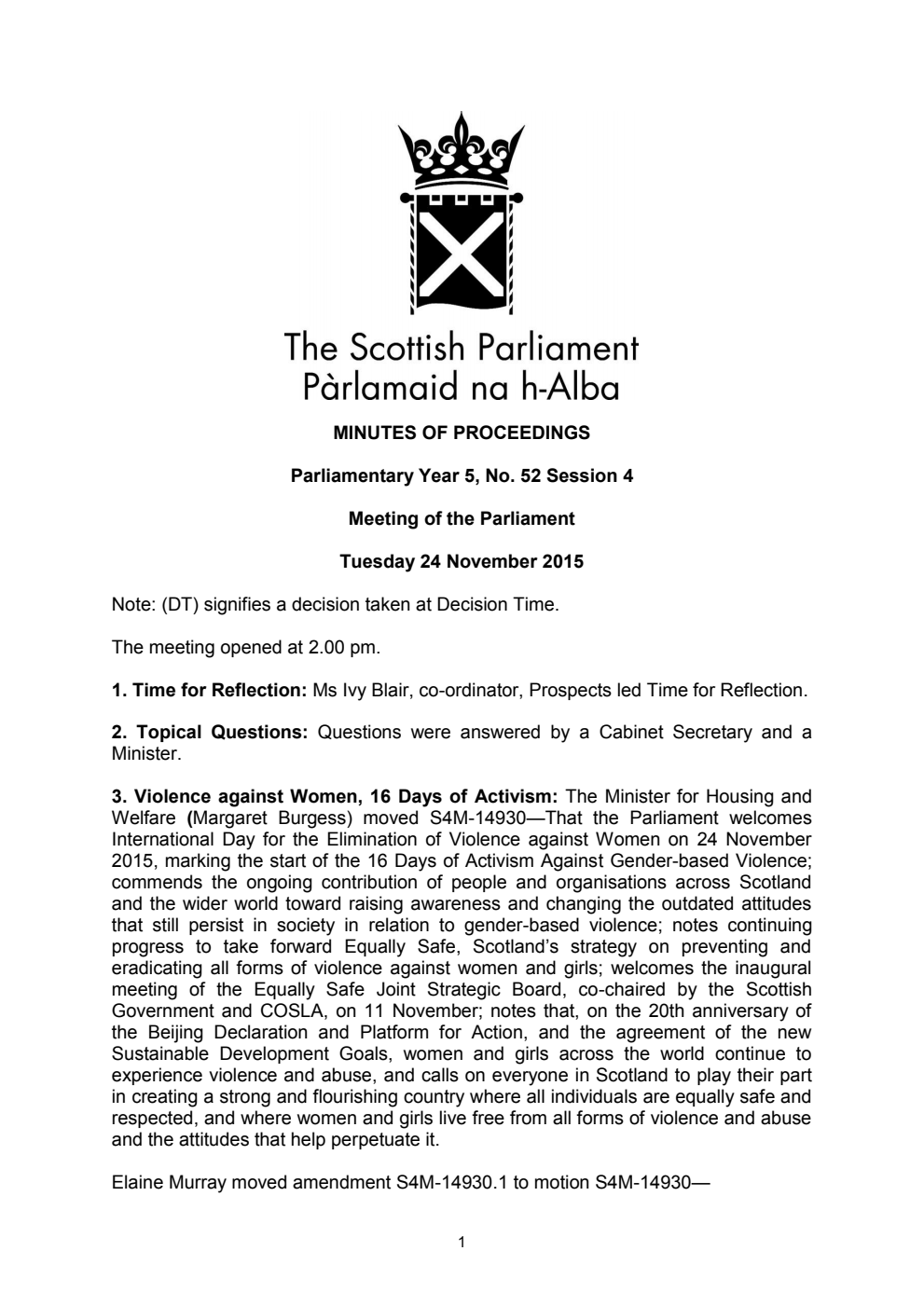 Minutes of Proceedings 24 November 2015 Vol. 5, No. 52 Session 4