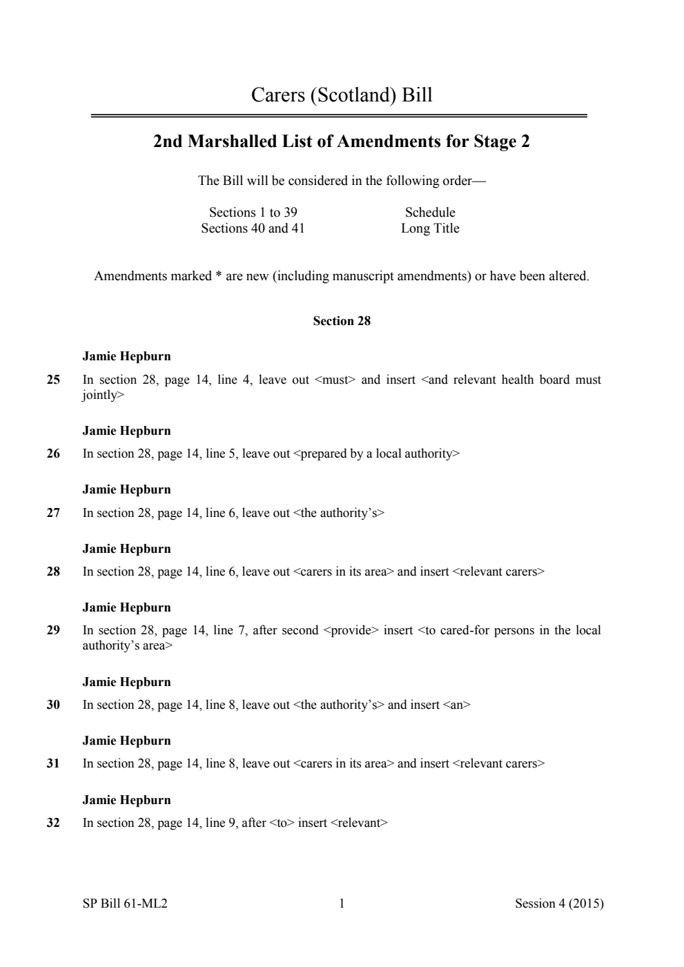 Carers (Scotland) Bill 2nd Marshalled List of Amendments for Stage 2