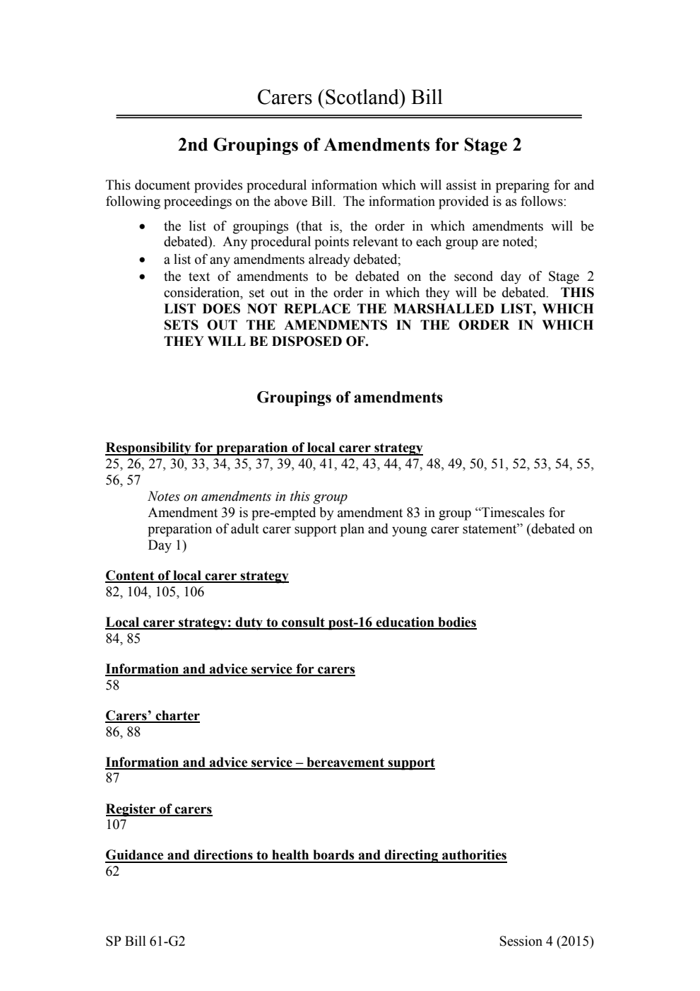 Carers (Scotland) Bill 2nd Groupings of Amendments for Stage 2