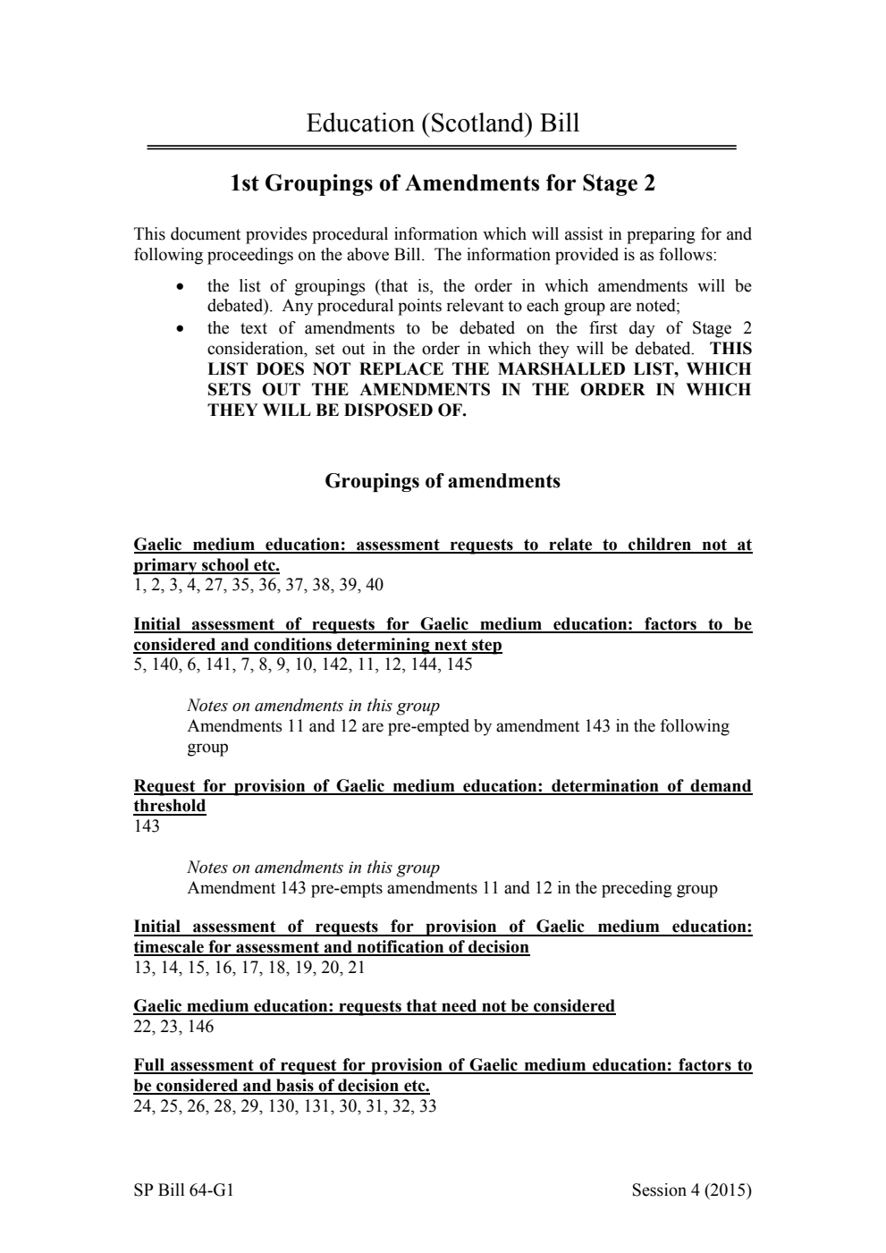 Education (Scotland) Bill 1st Groupings of Amendments for Stage 2