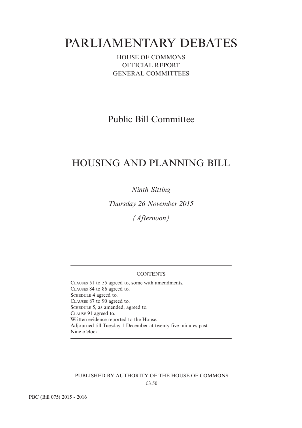 Housing and Planning Public Bill Committee 9th Sitting 26th November 2015 PM