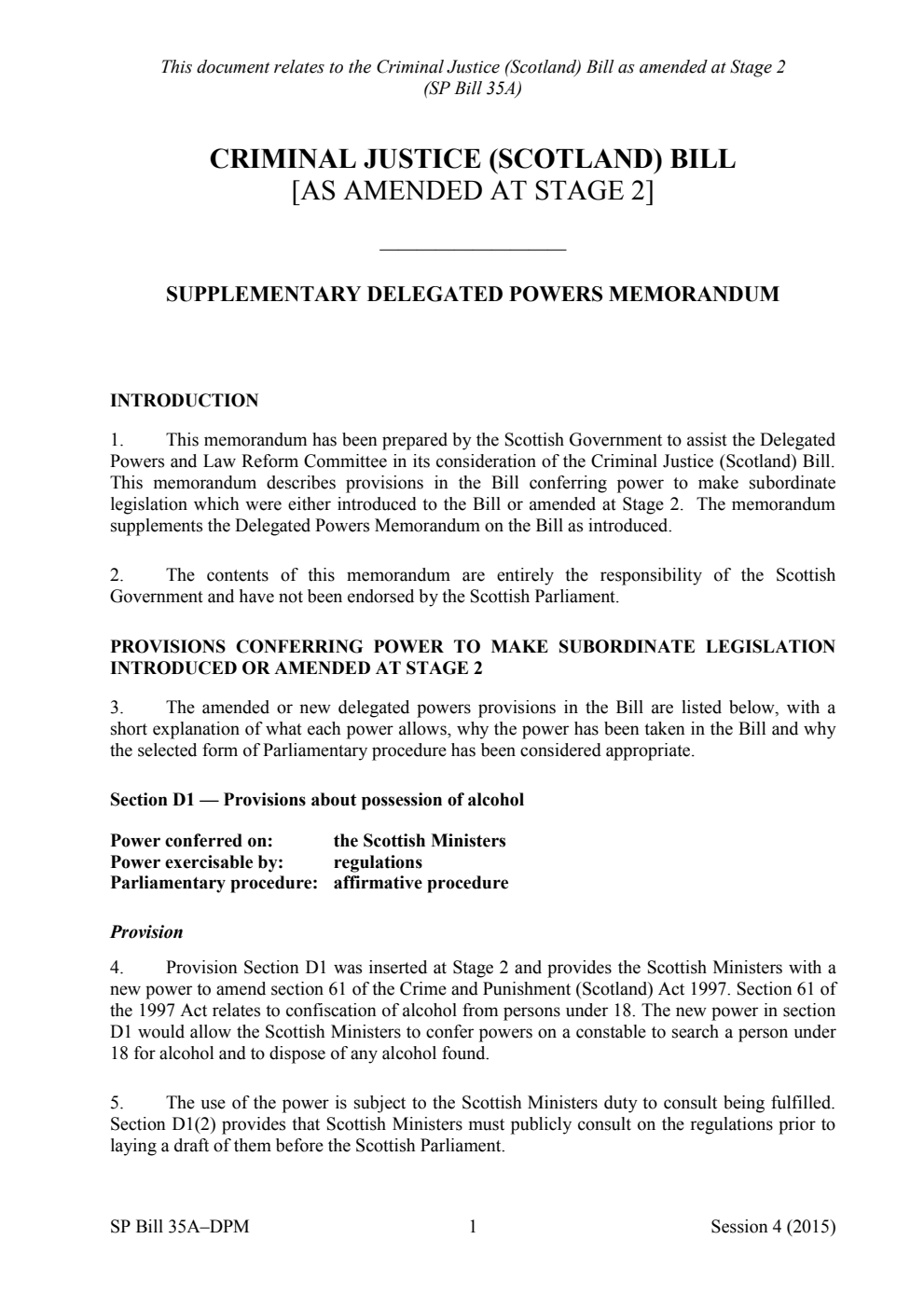 Criminal Justice (Scotland) Bill Supplementary Delegated Powers Memorandum