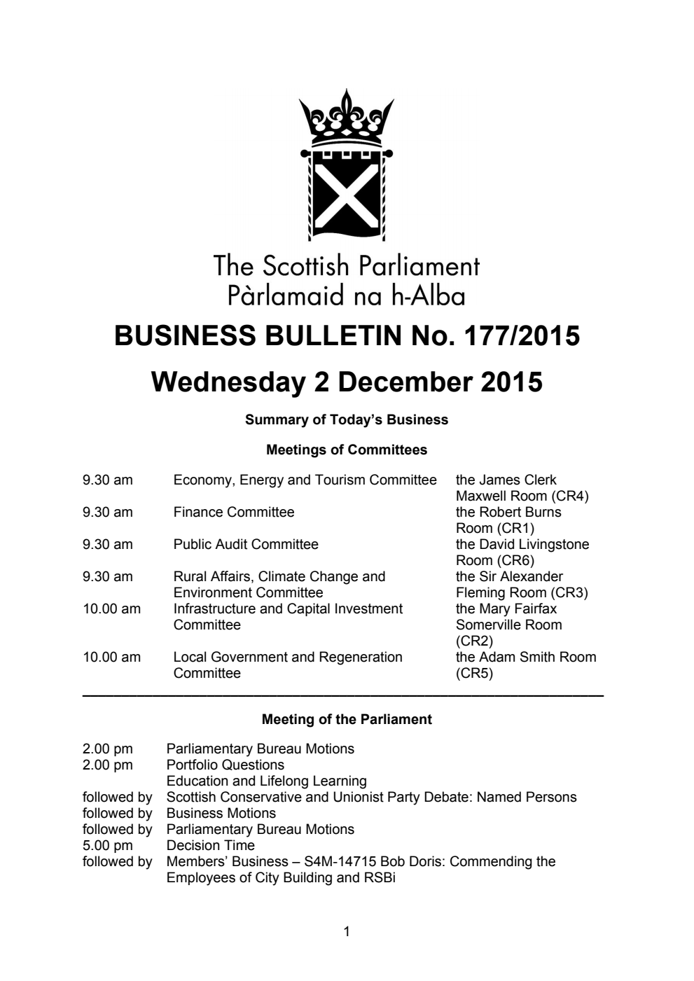 Business Bulletin No. 177/2015, Wednesday 2 December 2015