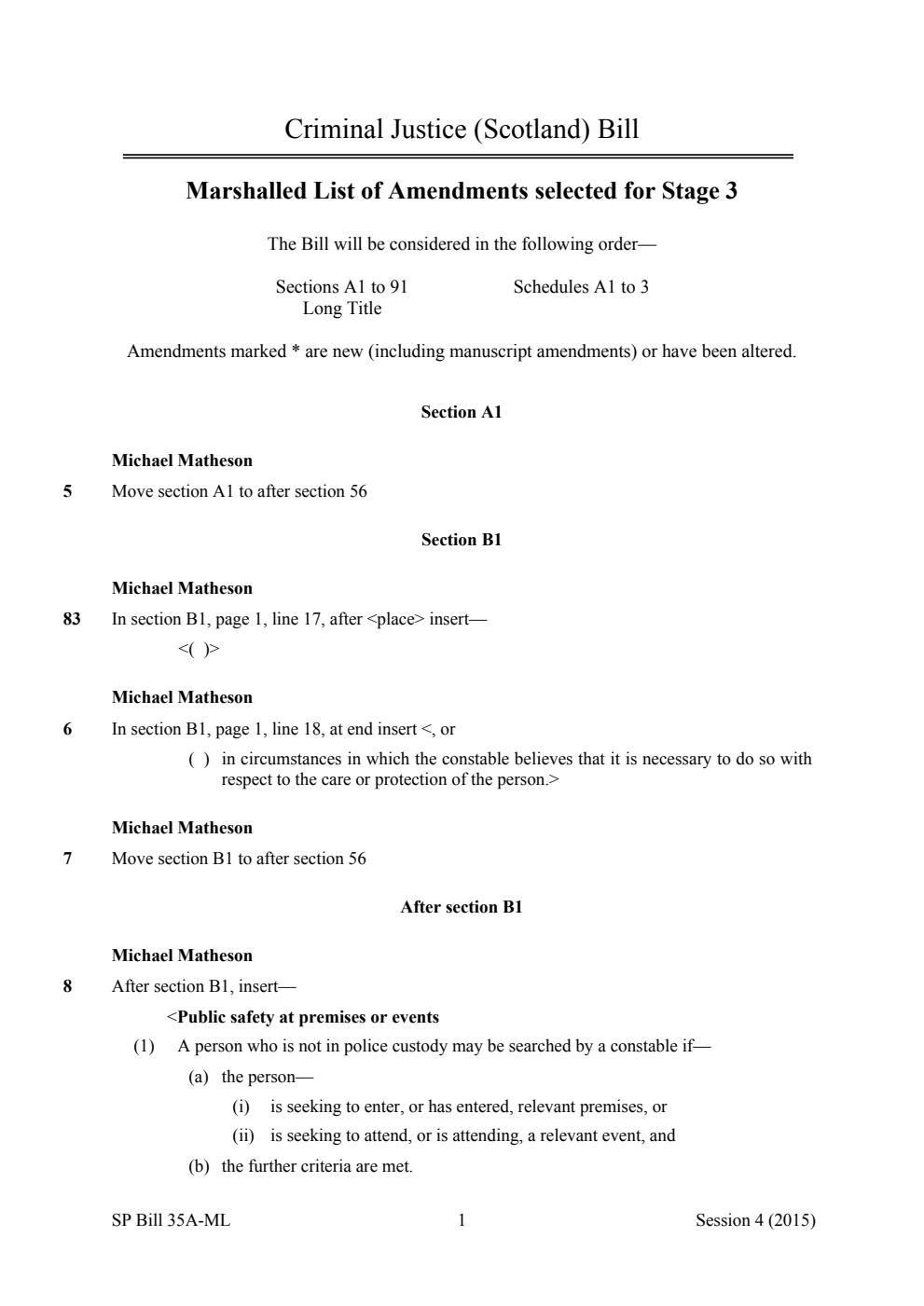 Criminal Justice (Scotland) Bill Marshalled List of Amendments selected for Stage 3
