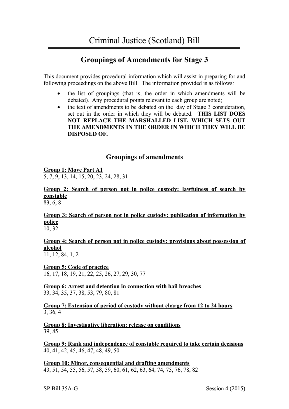 Criminal Justice (Scotland) Bill Groupings of Amendments for Stage 3