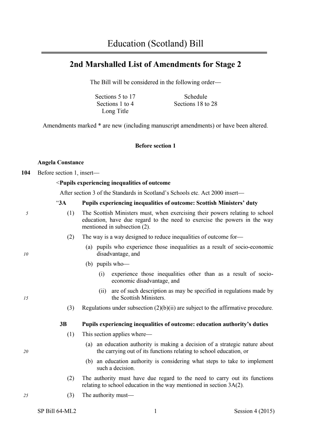 Education (Scotland) Bill 2nd Marshalled List of Amendments for Stage 2