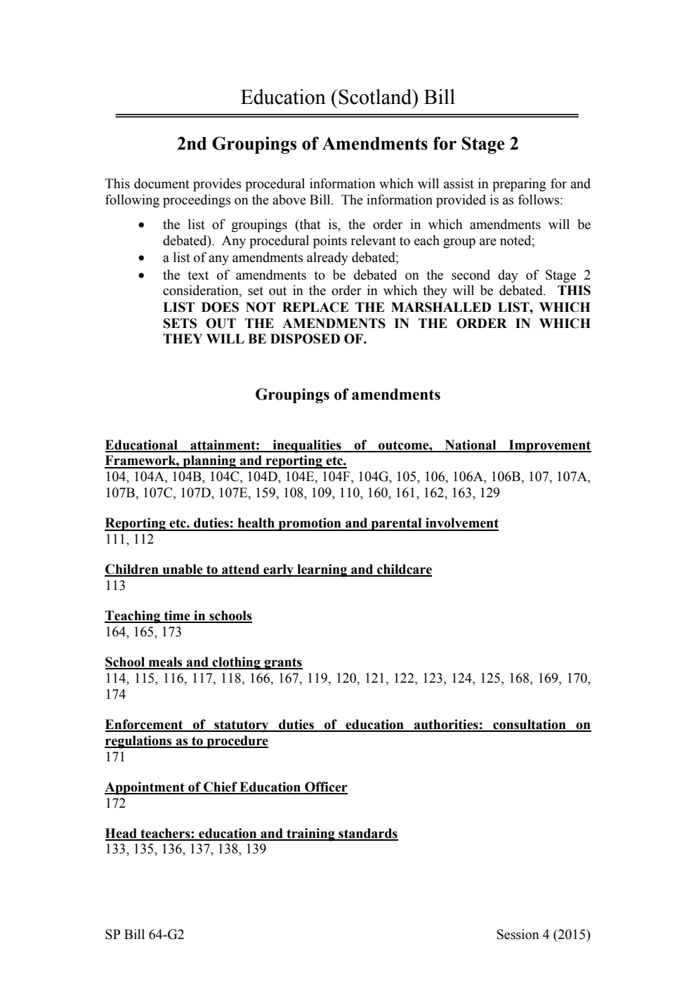 Education (Scotland) Bill 2nd Groupings of Amendments for Stage 2