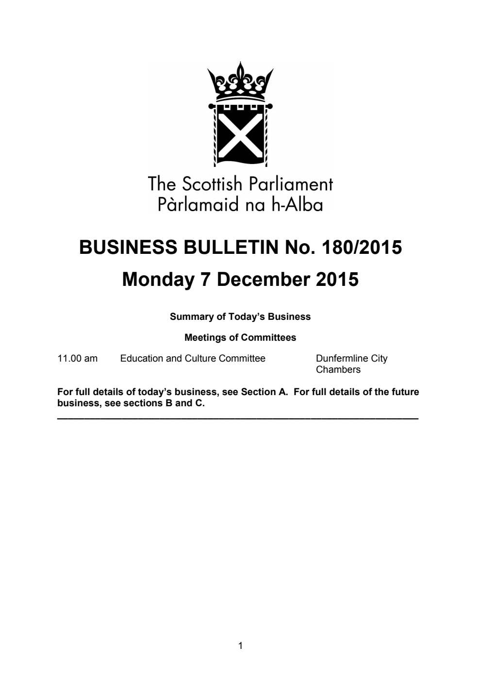 Business Bulletin No. 180/2015, Monday 7 December 2015