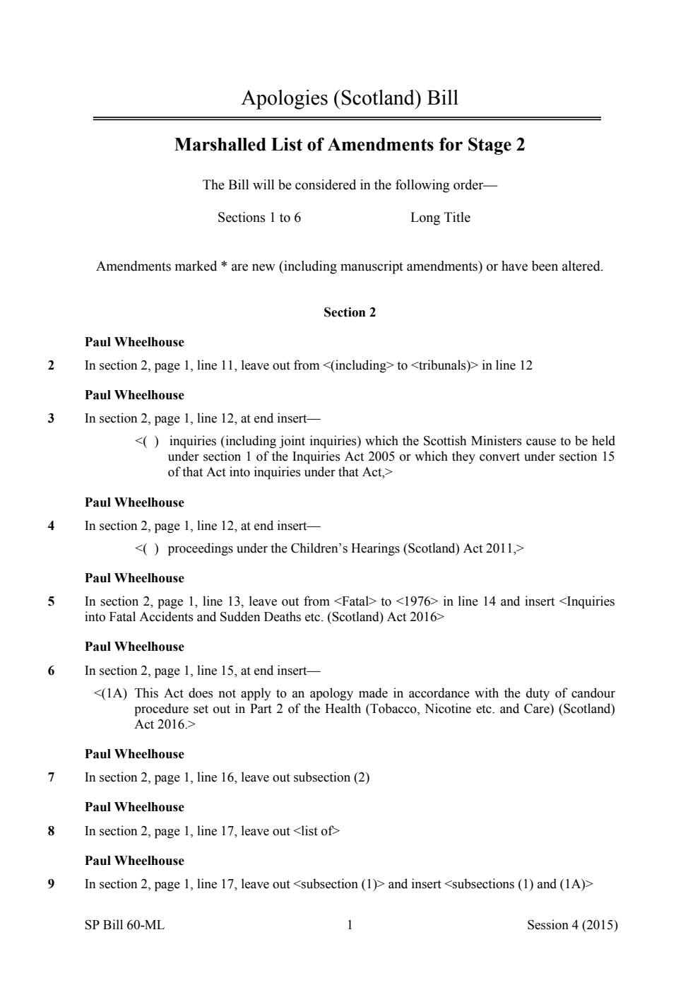 Apologies (Scotland) Bill Marshalled List of Amendments for Stage 2