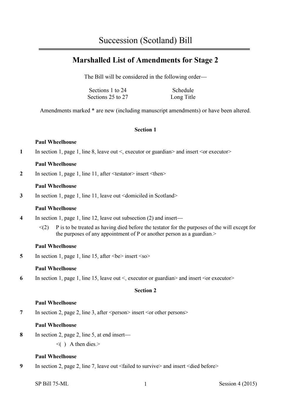 Succession (Scotland) Bill Marshalled List of Amendments for Stage 2
