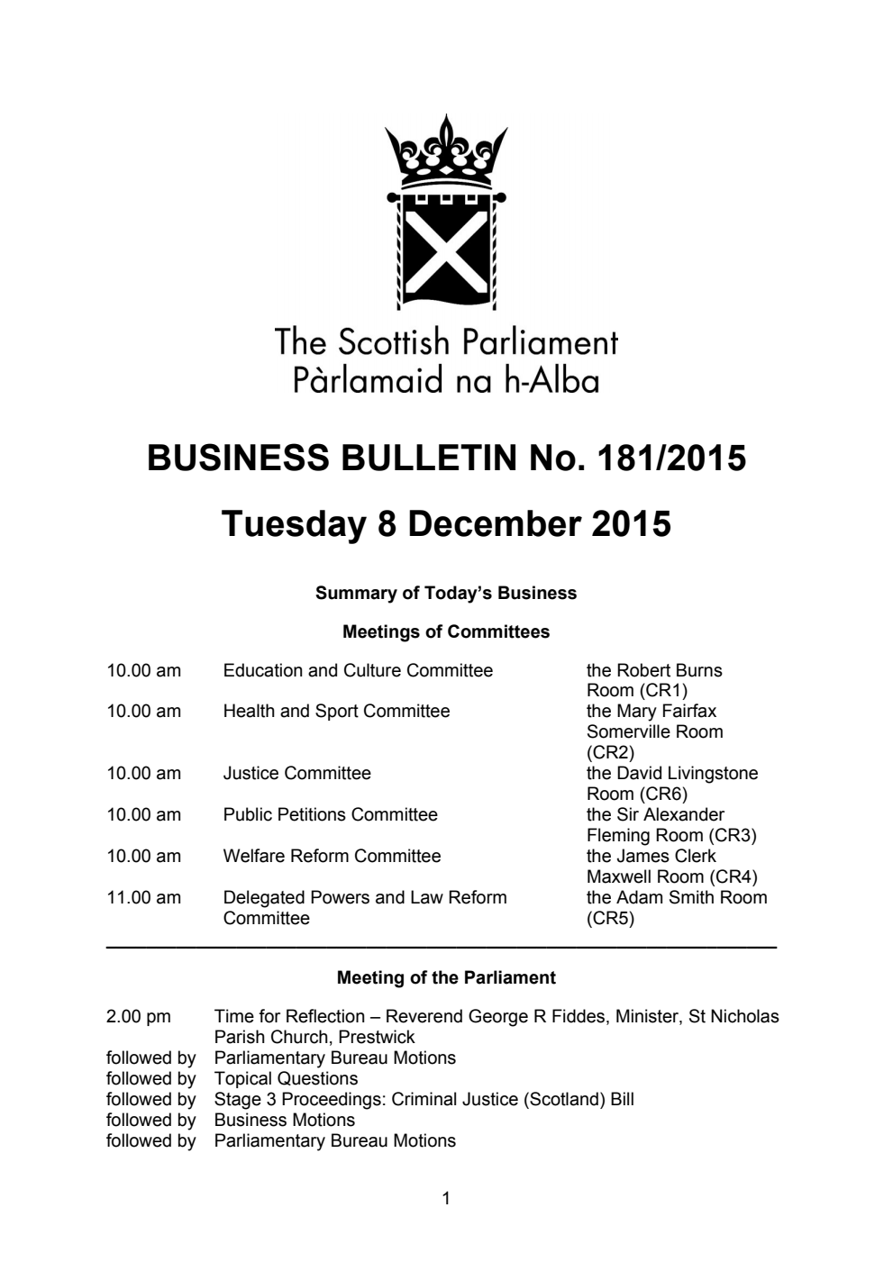 Business Bulletin No. 181/2015, Tuesday 8 December 2015