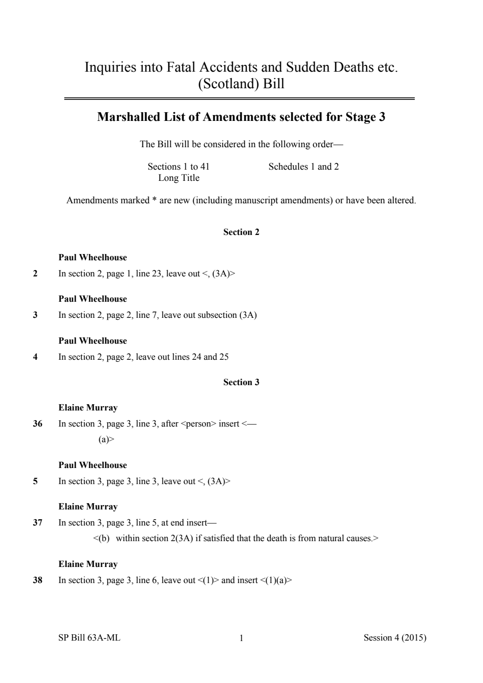 Inquiries into Fatal Accidents and Sudden Deaths etc. (Scotland) Bill Marshalled List of Amendments selected for Stage 3