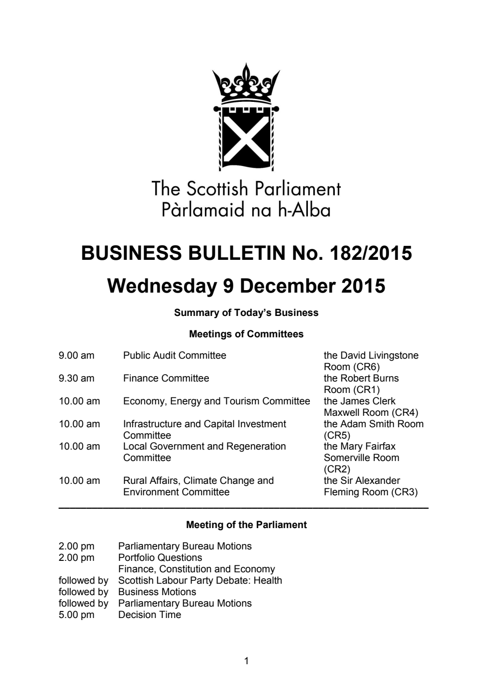 Business Bulletin No. 182/2015, Wednesday 9 December 2015