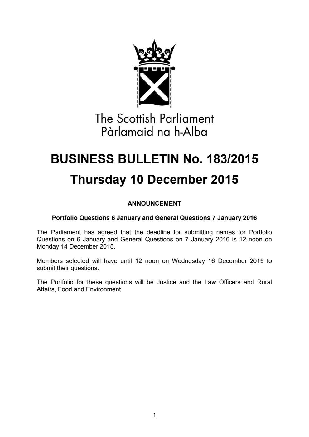 Business Bulletin No. 183/2015, Thursday 10 December 2015