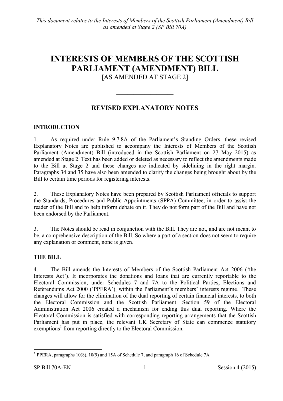 Interests of Members of the Scottish Parliament (Amendment) Bill Revised Explanatory Notes