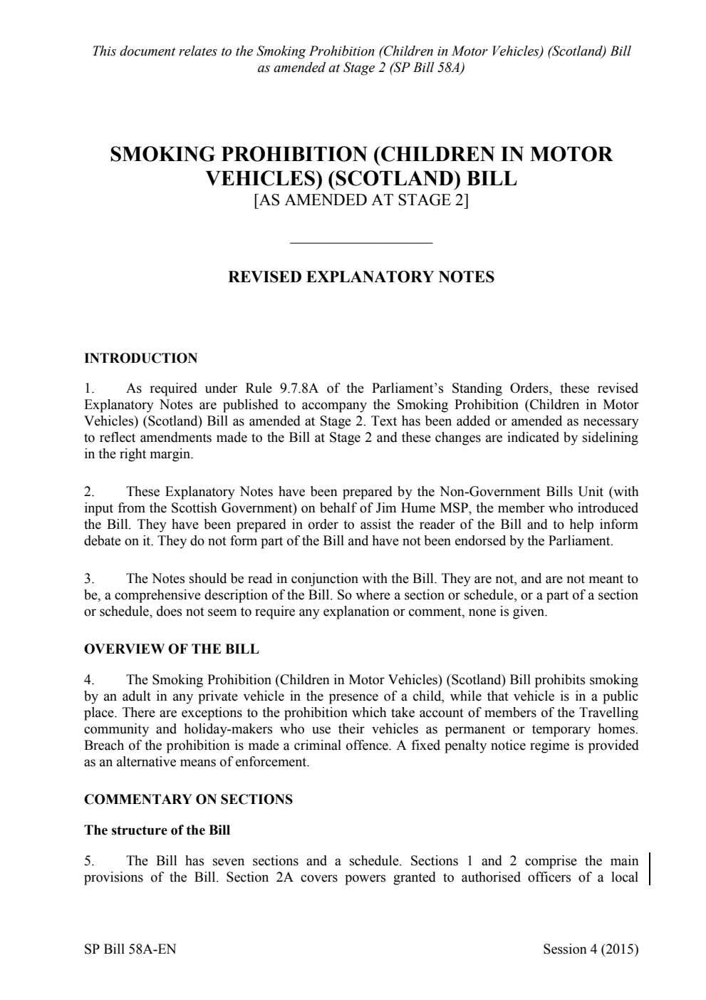 Smoking Prohibition (Children in Motor Vehicles) (Scotland) Bill Revised Explanatory Notes