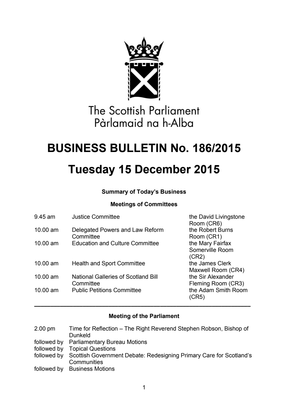 Business Bulletin No. 186/2015, Tuesday 15 December 2015