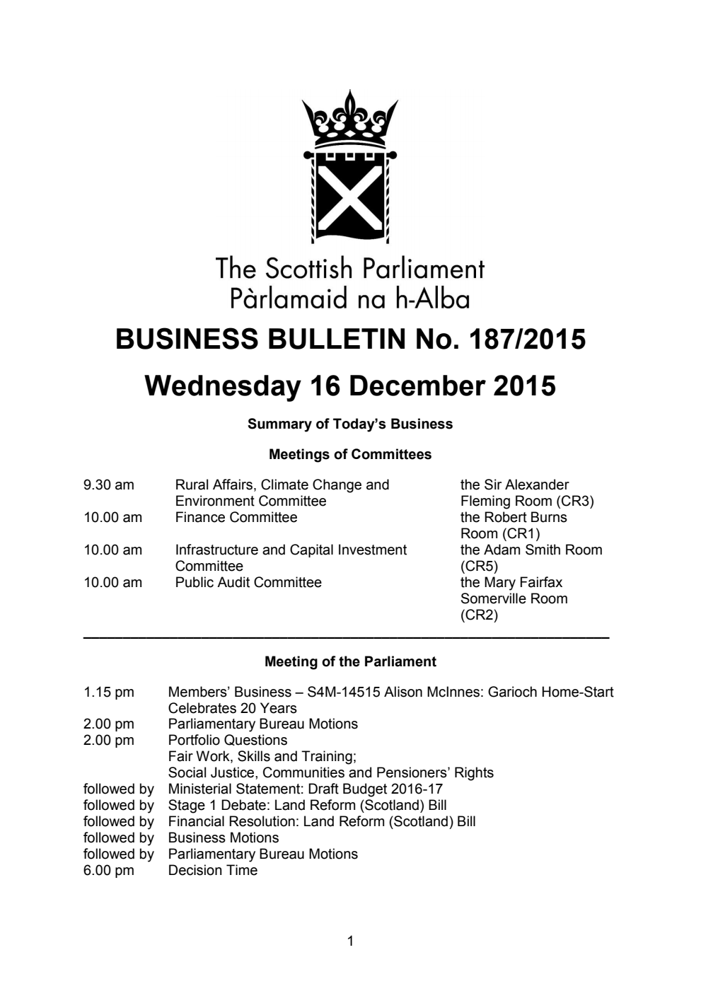 Business Bulletin No. 187/2015, Wednesday 16 December 2015