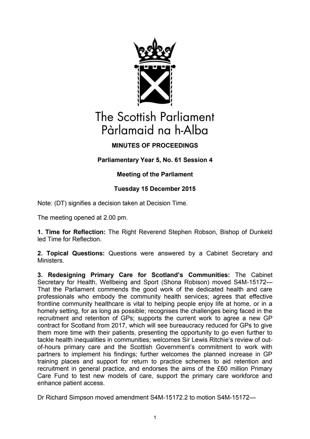 Minutes of Proceedings 15 December 2015 Vol. 5, No. 61 Session 4