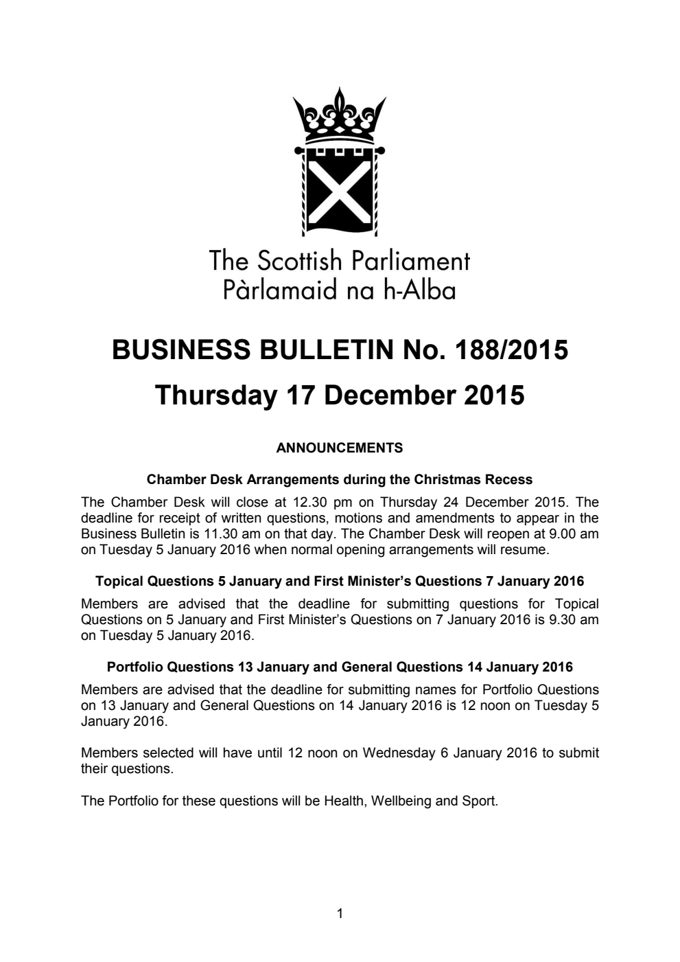 Business Bulletin No. 188/2015, Thursday 17 December 2015