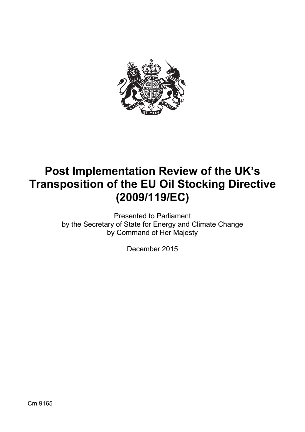 Post Implementation Review of the UK’s Transposition of the EU Oil Stocking Directive (2009/119/EC)