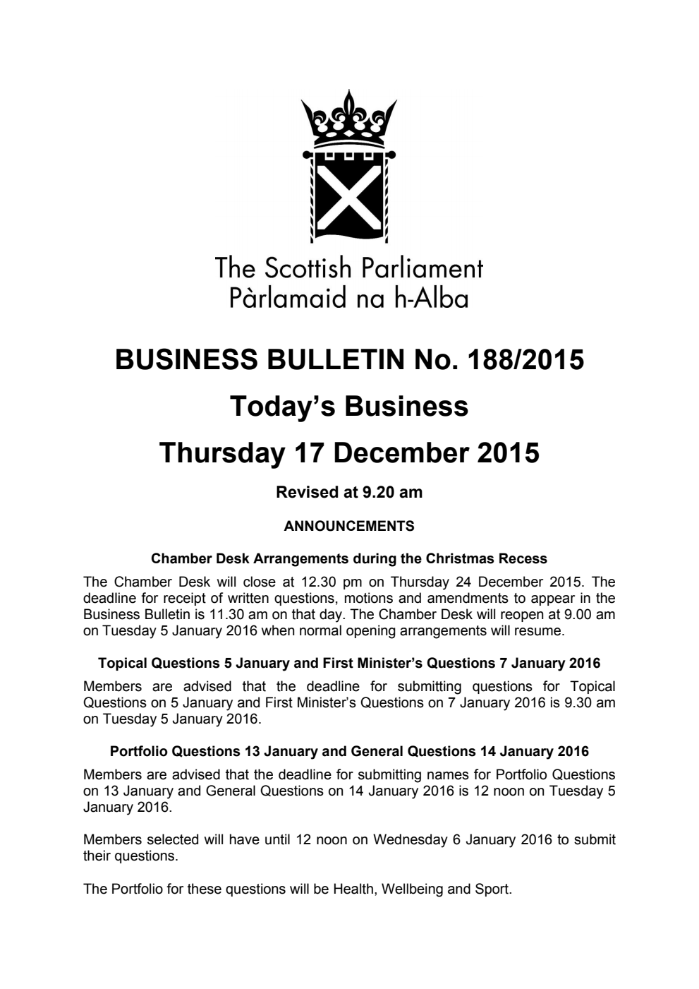 Business Bulletin No. 188/2015, Thursday 17 December 2015, Revised (Section A)
