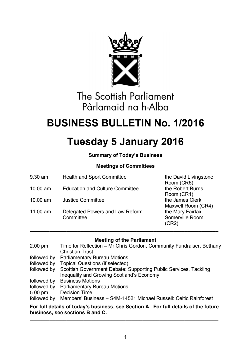 Business Bulletin No. 1/2016, Tuesday 5 January 2016