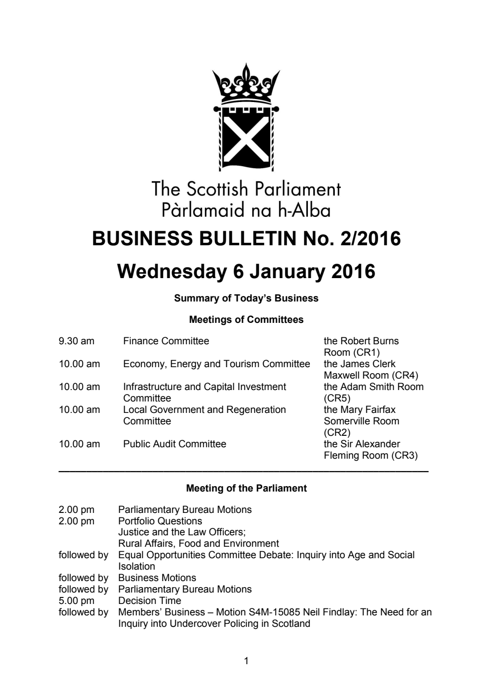 Business Bulletin No. 2/2016, Wednesday 6 January 2016