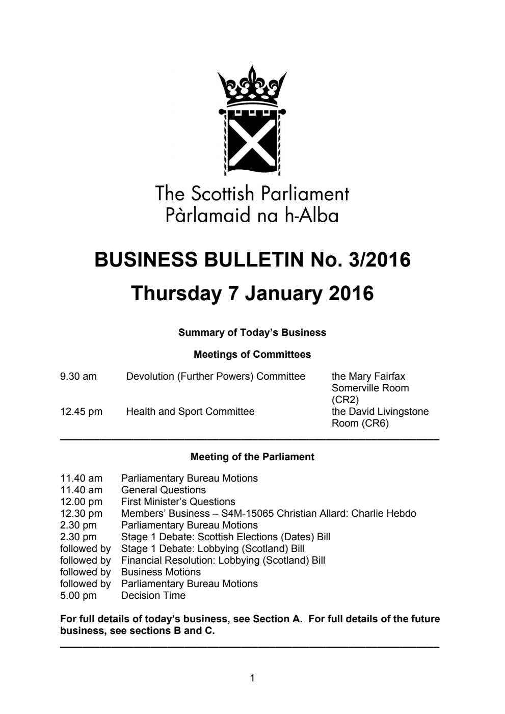 Business Bulletin No. 3/2016, Thursday 7 January 2016