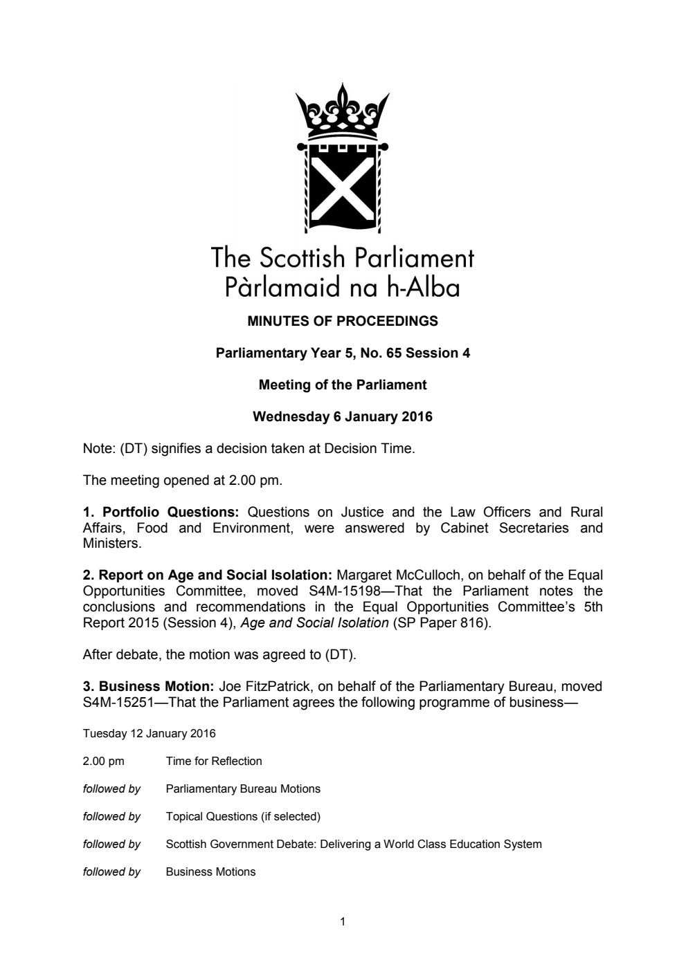 Minutes of Proceedings 6 January 2016 Vol. 5, No. 65 Session 4