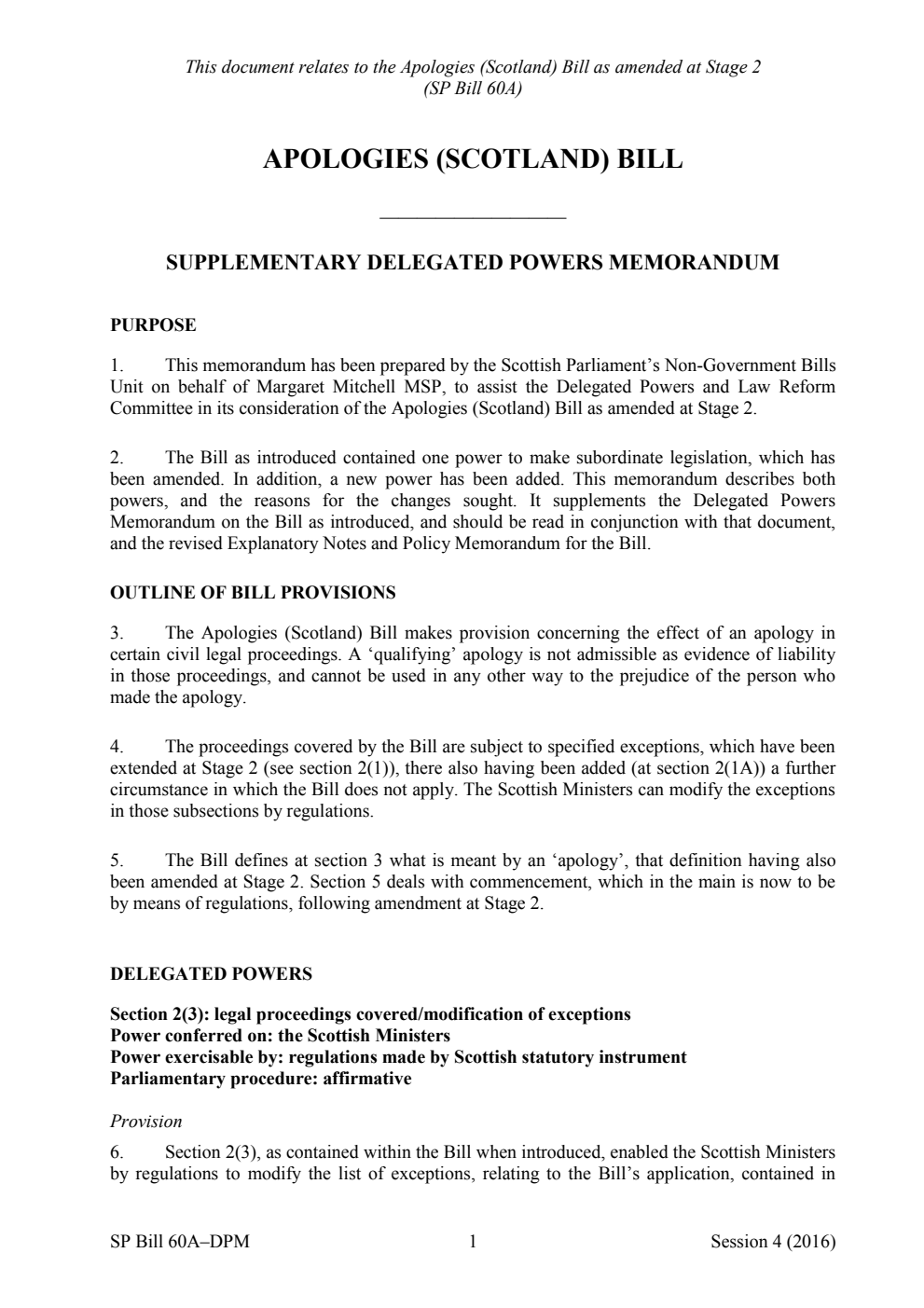 Apologies (Scotland) Bill Supplementary Delegated Powers Memorandum
