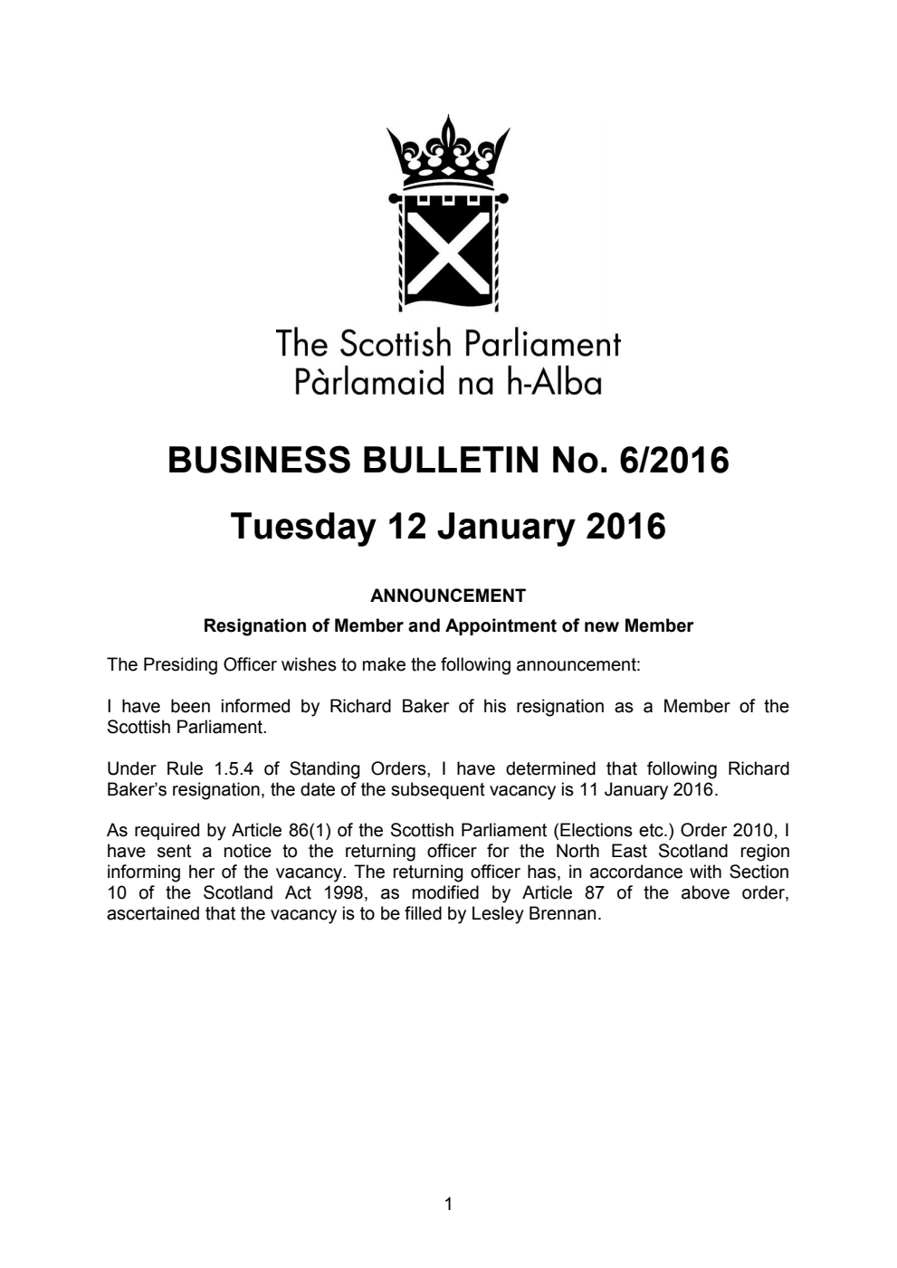 Business Bulletin No. 6/2016, Tuesday 12 January 2016