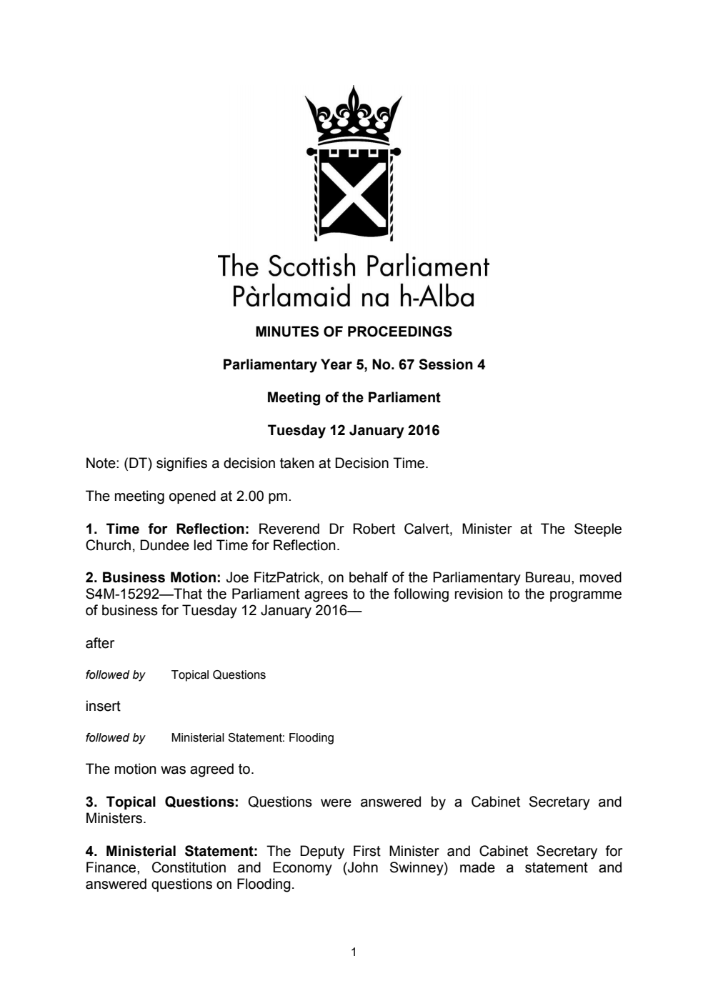 Minutes of Proceedings 12 January 2016 Vol. 5, No. 67 Session 4