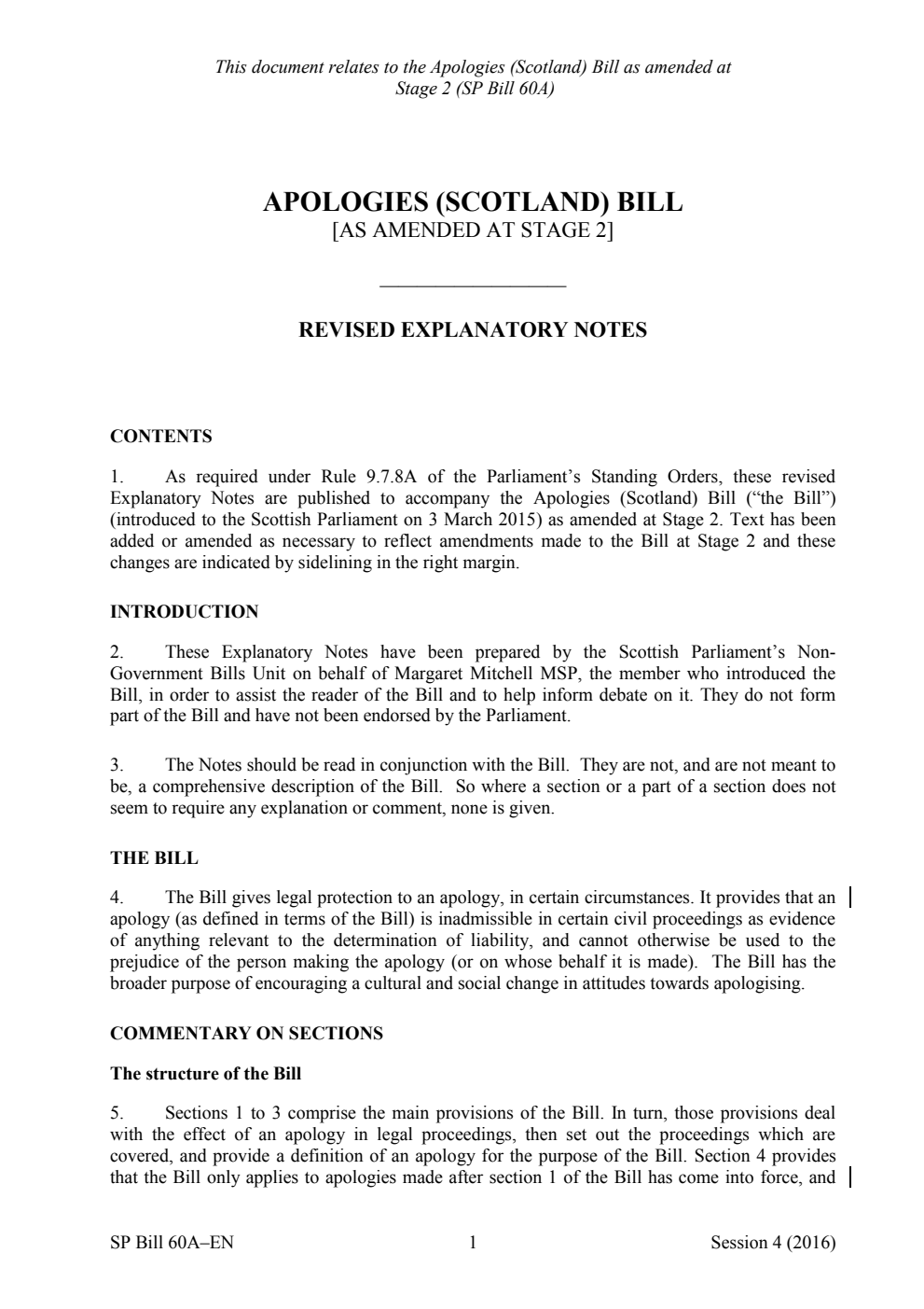 Apologies (Scotland) Bill Revised Explanatory Notes