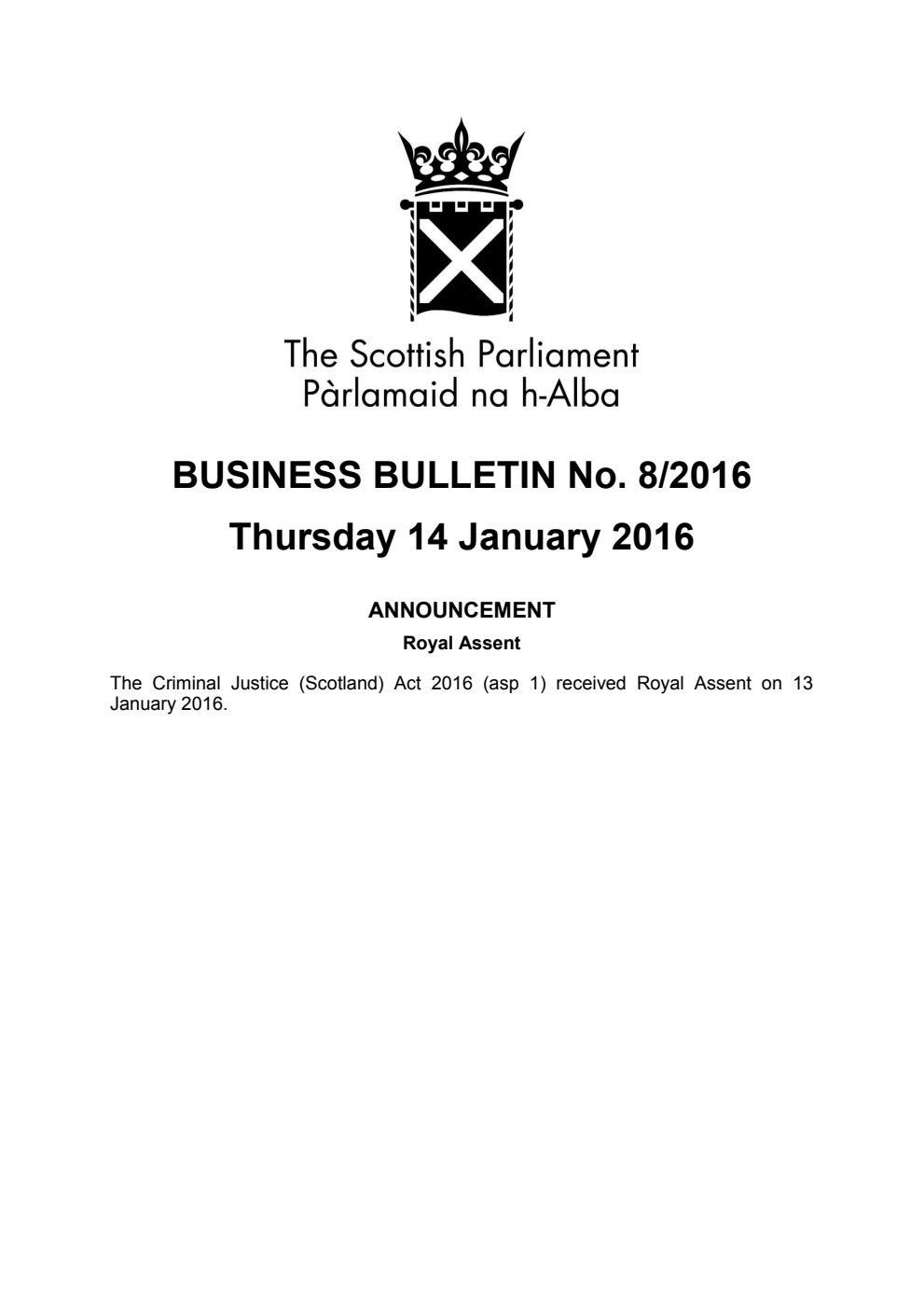 Business Bulletin No. 8/2016, Thursday 14 January 2016