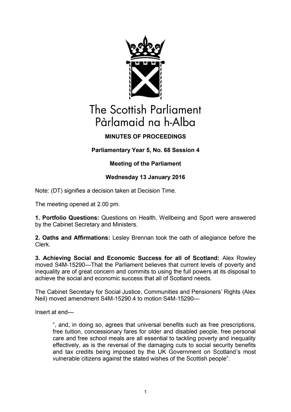 Minutes of Proceedings 13 January 2016 Vol. 5, No. 68 Session 4