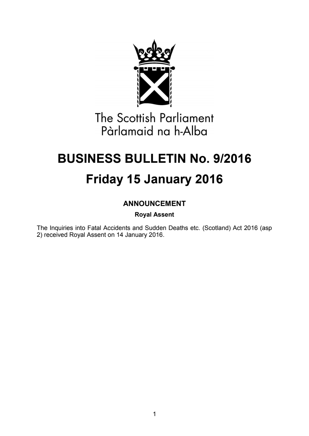 Business Bulletin No. 9/2016, Friday 15 January 2016