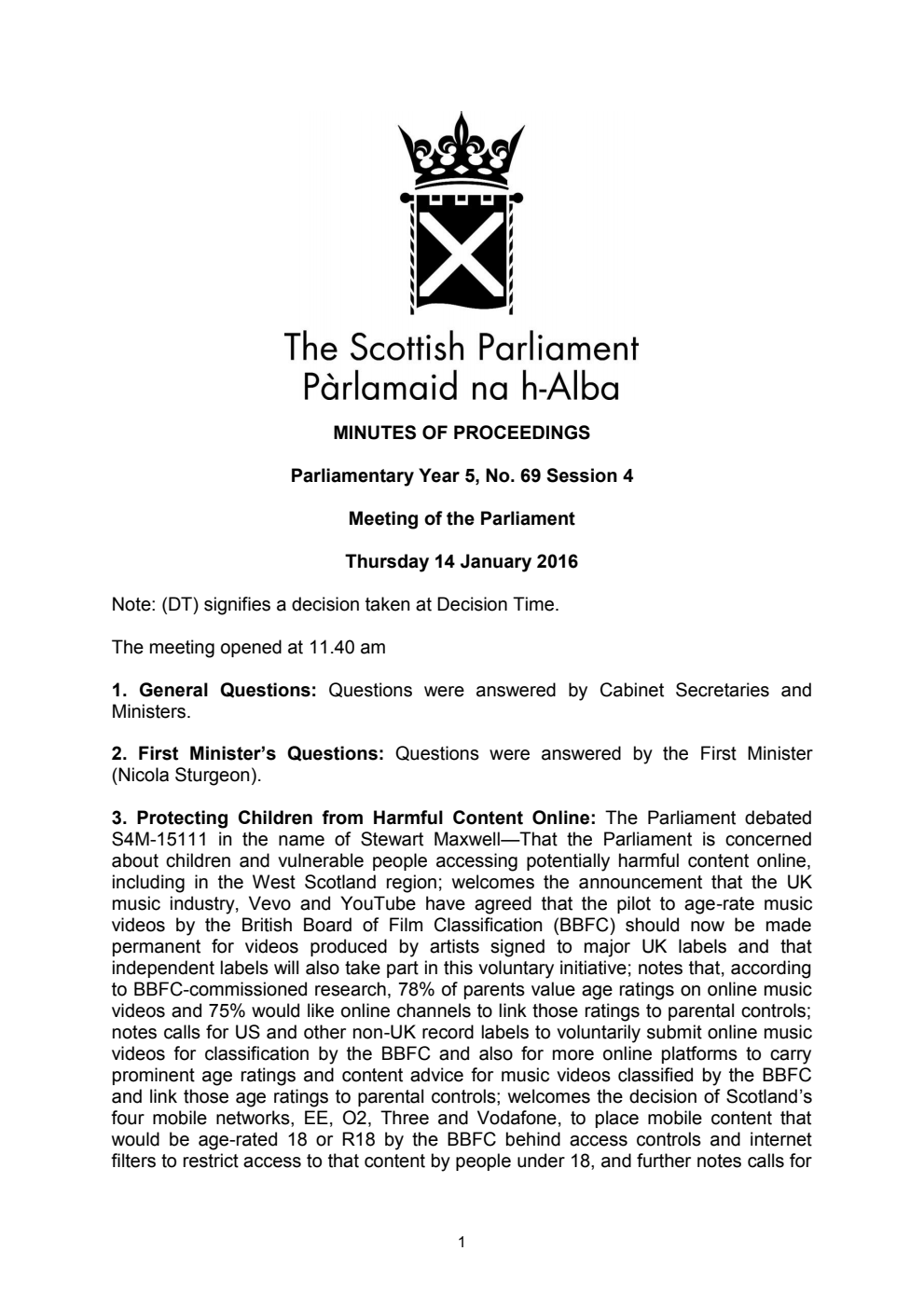 Minutes of Proceedings 14 January 2016 Vol. 5, No. 69 Session 4