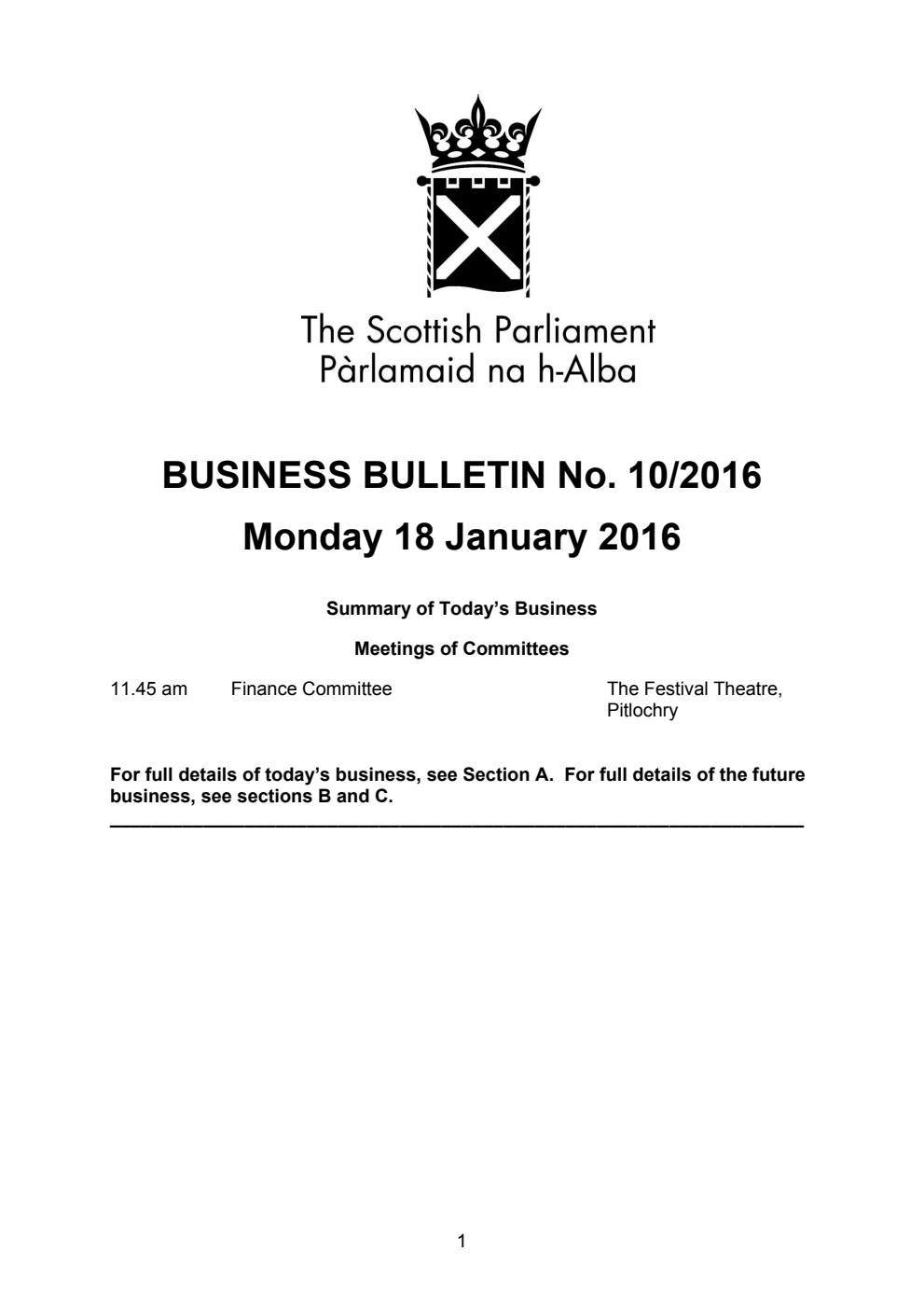Business Bulletin No. 10/2016, Monday 18 January 2016