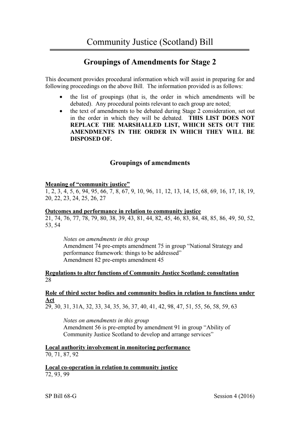 Community Justice (Scotland) Bill Groupings of Amendments for Stage 2