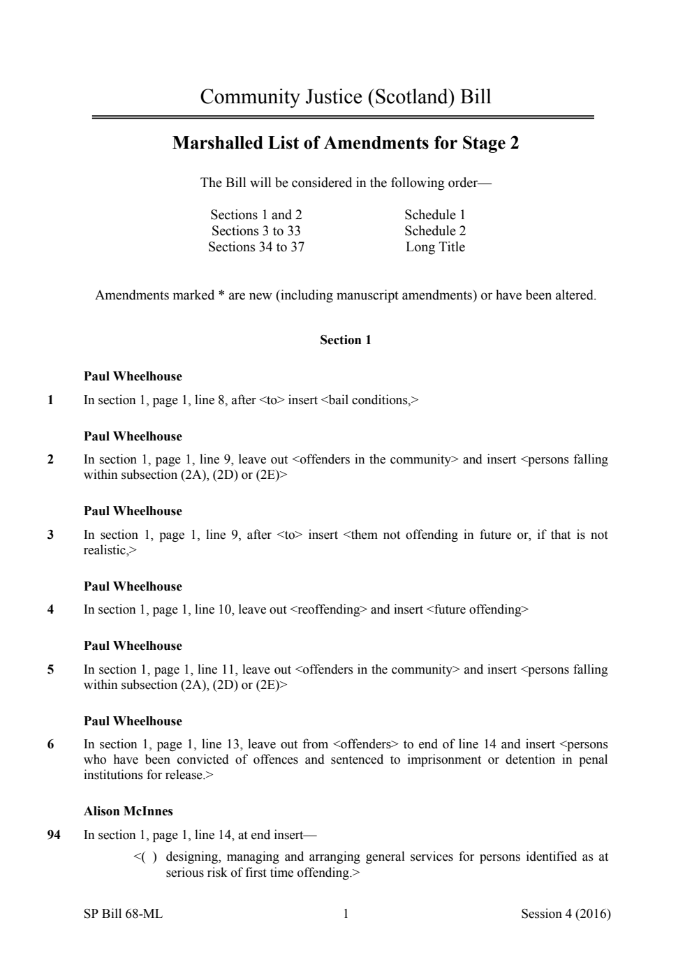 Community Justice (Scotland) Bill Marshalled List of Amendments for Stage 2