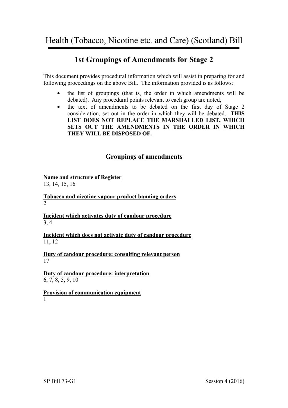 Health (Tobacco, Nicotine etc. and Care) (Scotland) Bill 1st Groupings of Amendments for Stage 2