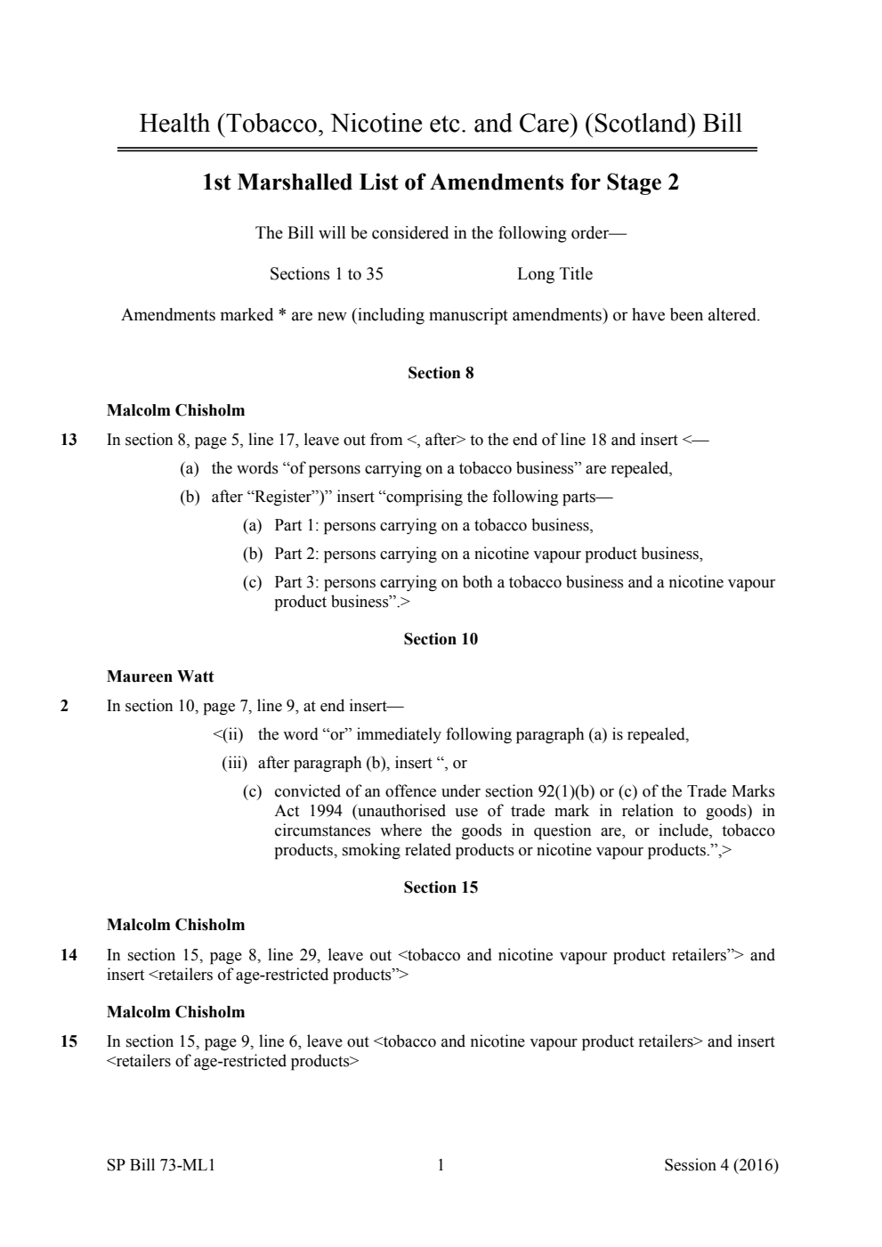 Health (Tobacco, Nicotine etc. and Care) (Scotland) Bill 1st Marshalled List of Amendments for Stage 2