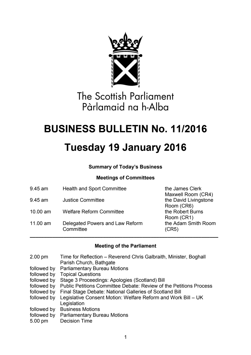 Business Bulletin No. 11/2016, Tuesday 19 January 2016