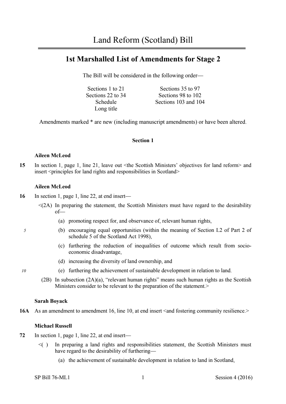 Land Reform (Scotland) Bill 1st Marshalled List of Amendments for Stage 2