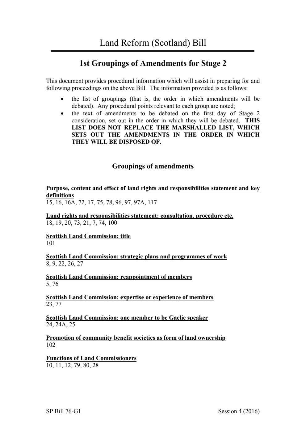 Land Reform (Scotland) Bill 1st Groupings of Amendments for Stage 2